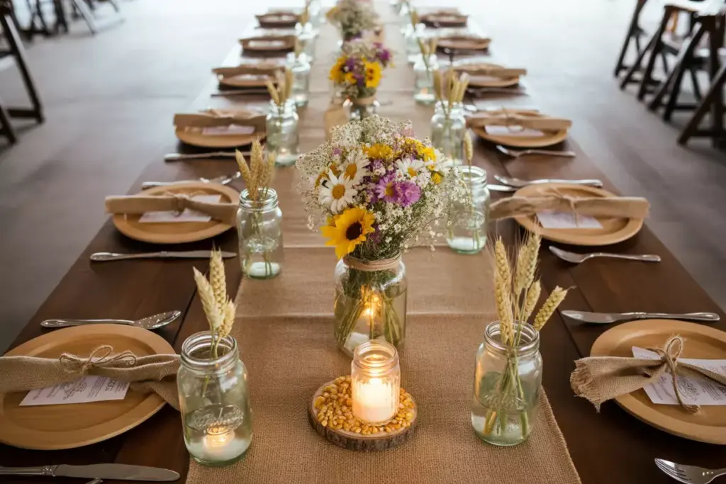 Rustic wood table mason jar wildflower centerpiece burlap runner