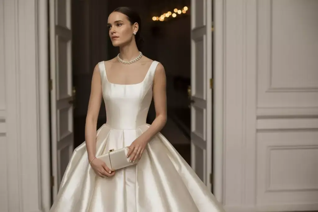 The classic silk mikado gown with square neckline and chapel train