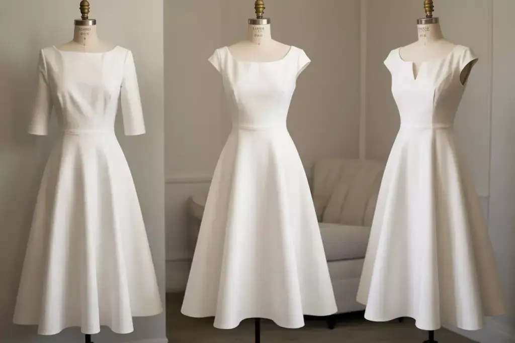 Timeless white a line midi dress on mannequin classic silhouette