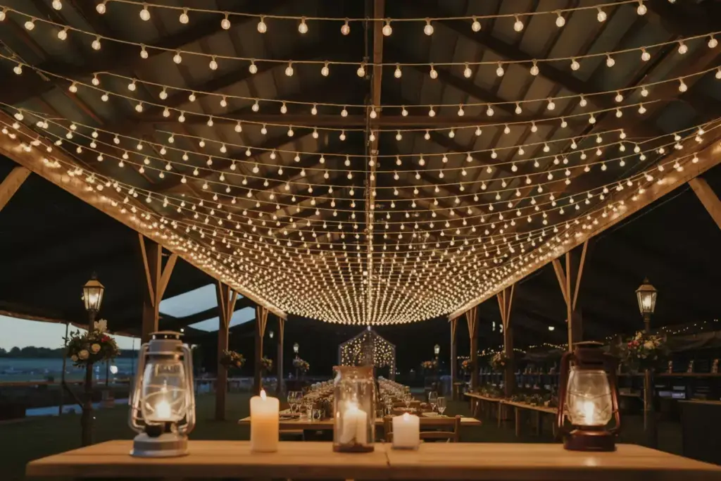 Barn interior canopy warm edison string lights vintage lanterns