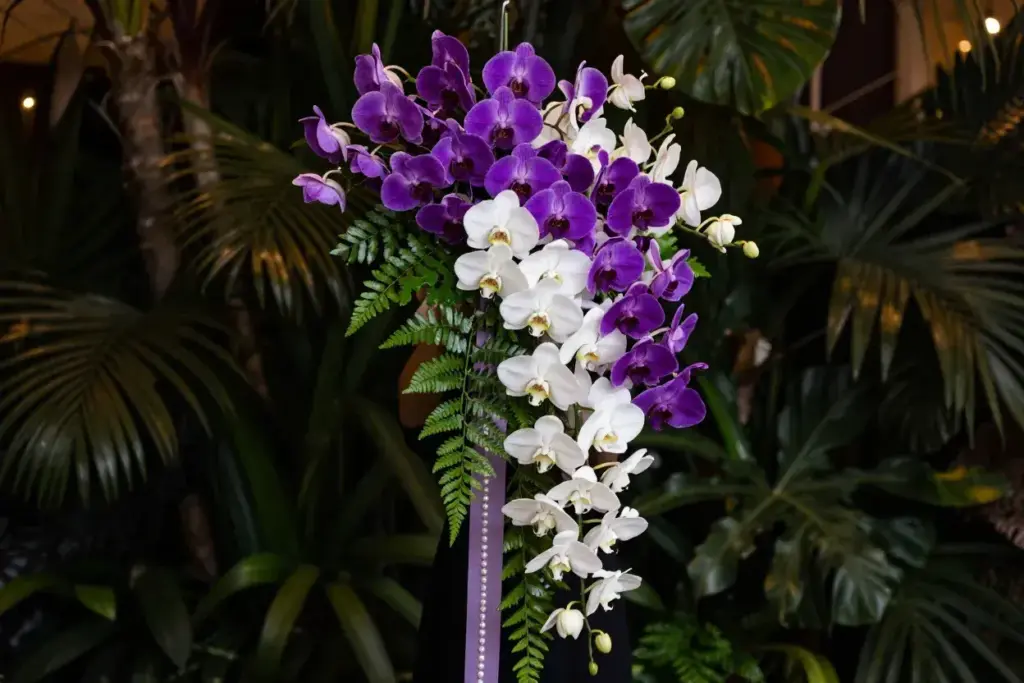 Purple and white dendrobium orchid cascade with lavender ribbon