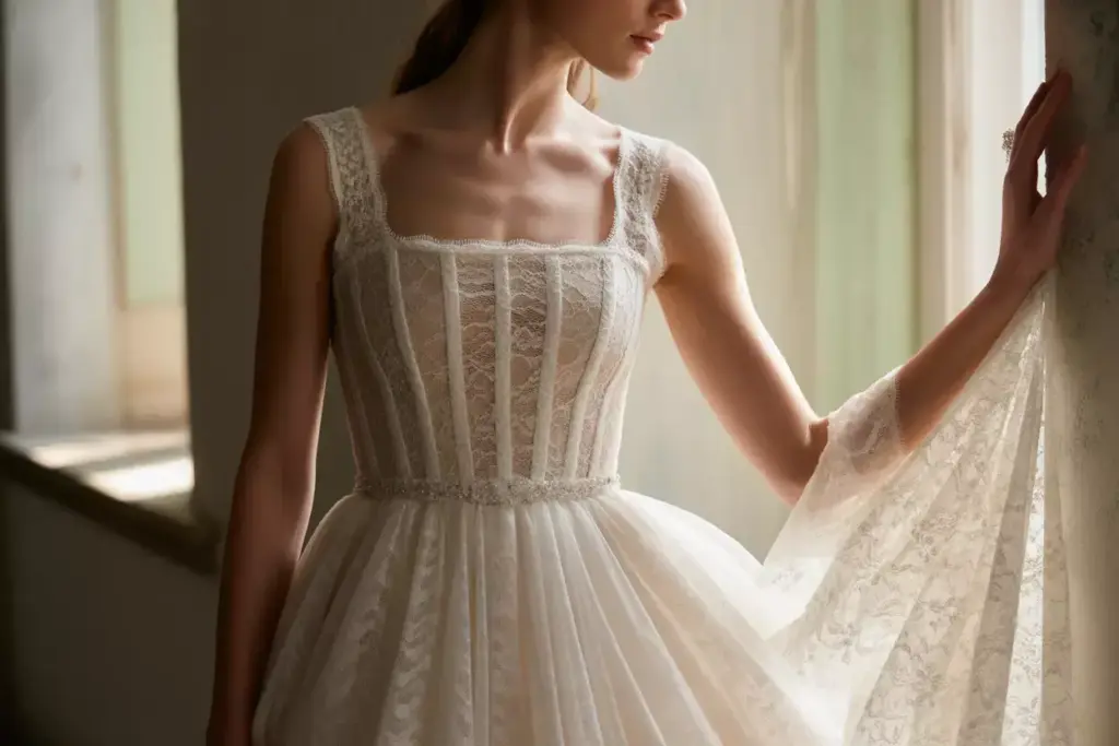 Romantic alencon lace gown with square neckline in garden setting