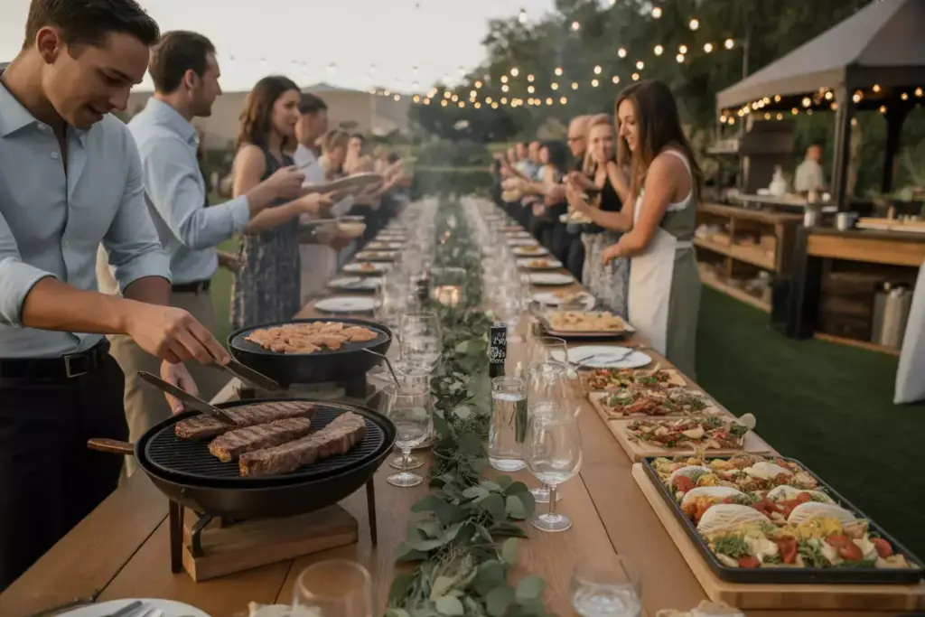 Rustic farm table outdoor wedding feast live grill taco pasta stations