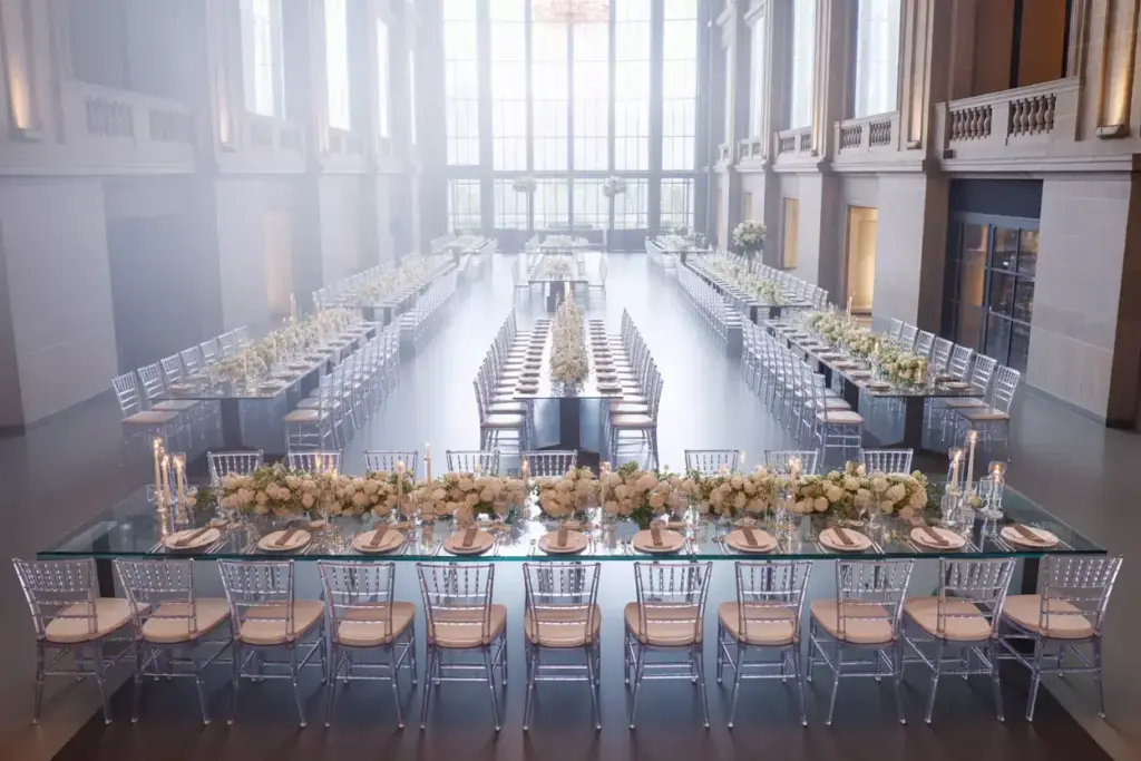 Stunning visual space elegant floating ballroom tables