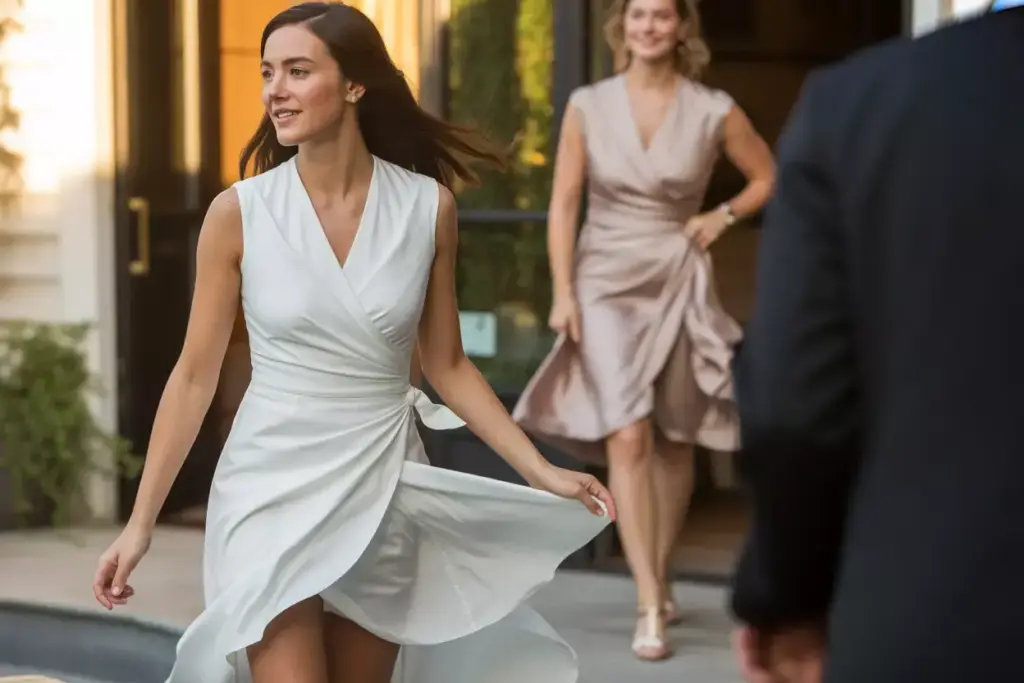 Woman in white silk wrap dress elegant movement garden setting