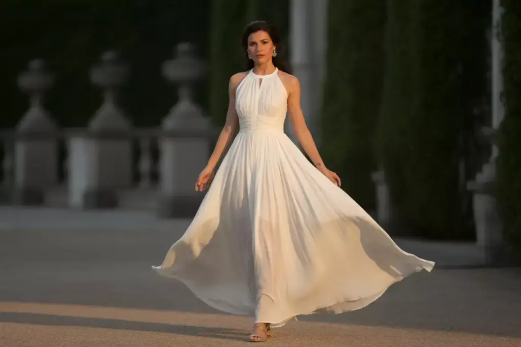 Bride in flowing white maxi dress outdoor evening celebration