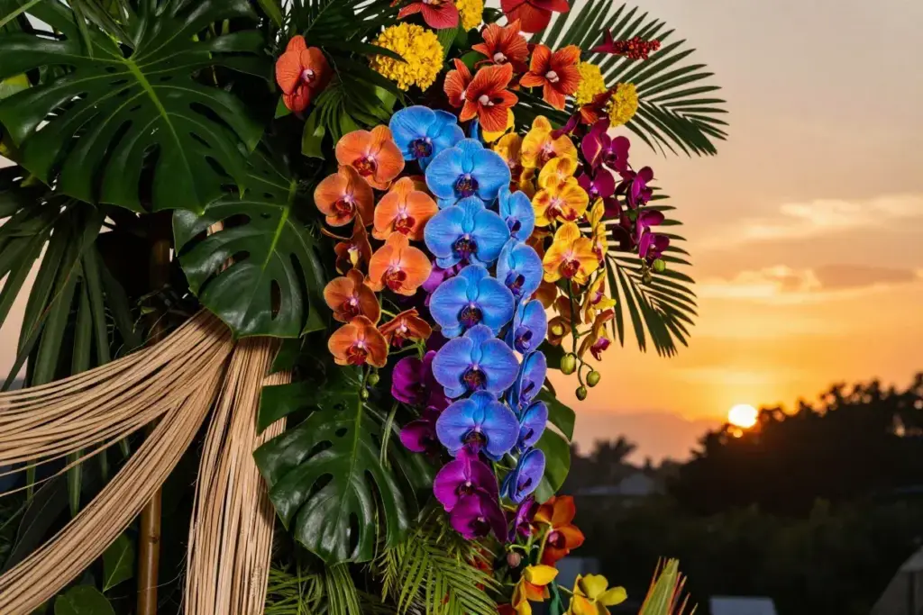 Exotic vanda mokara orchid cascade with tropical foliage