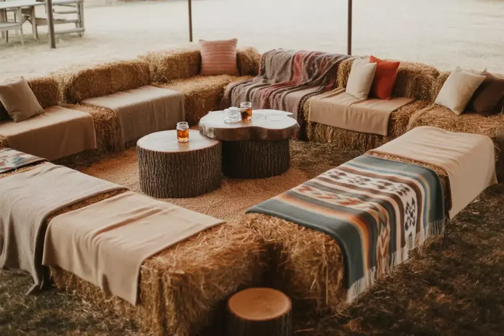 Hay bale sofa plaid blankets pillows tree stump table