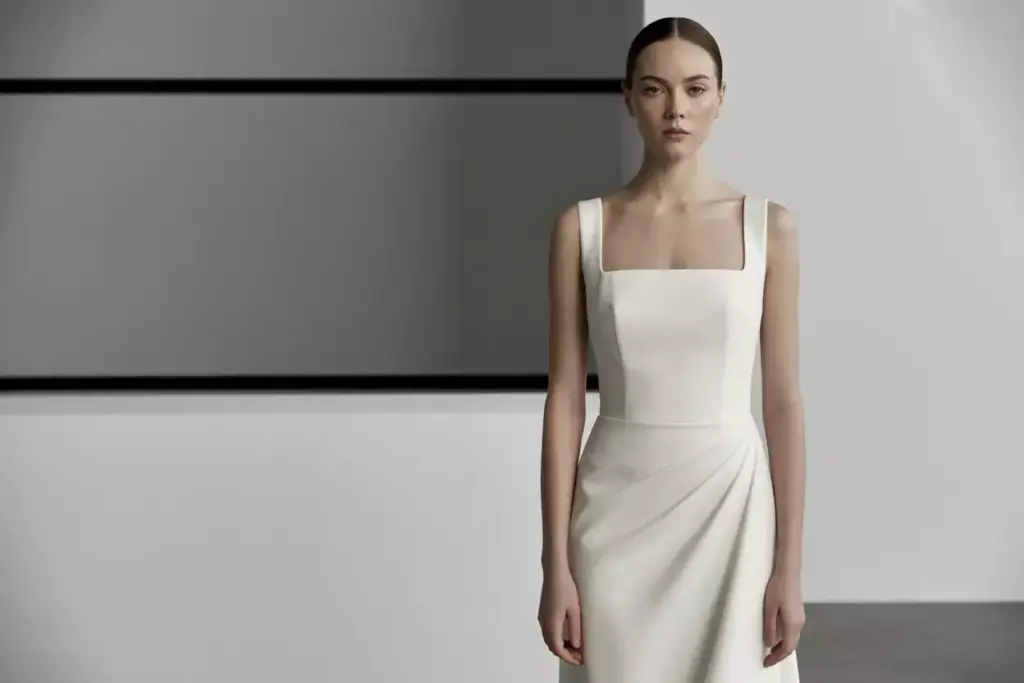 Minimalist crepe wedding dress with geometric square neckline studio