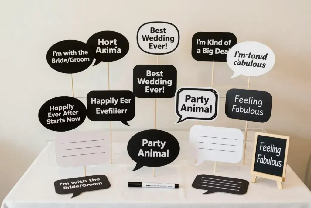 Organized display of witty speech bubble and sign props on tiered table