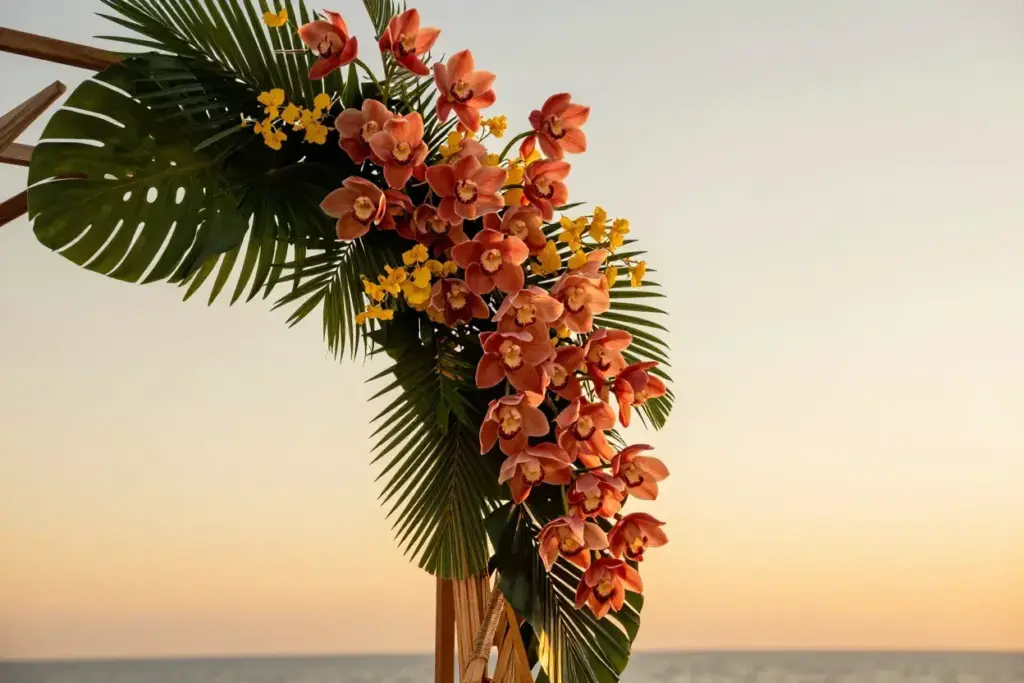 Coral peach cymbidium orchid sunset cascading bouquet