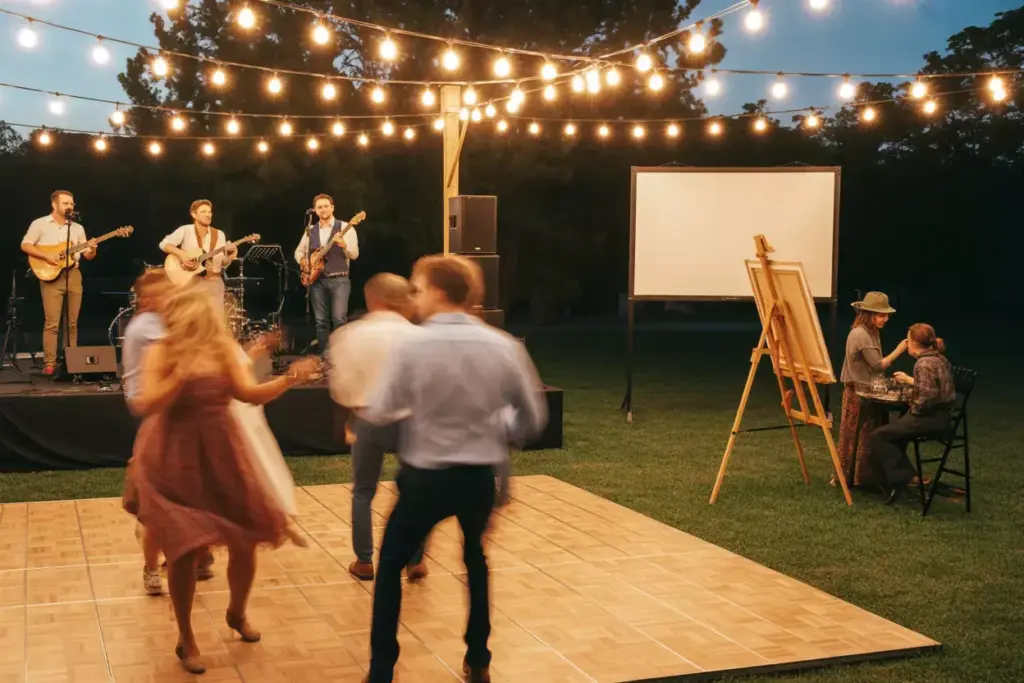 Live outdoor wedding band performance dance floor guest painting artist