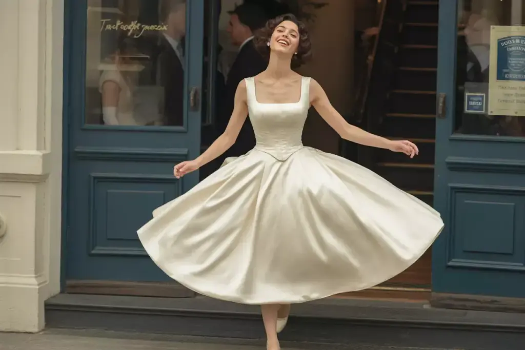 Vintage tea length satin gown with square neckline in motion