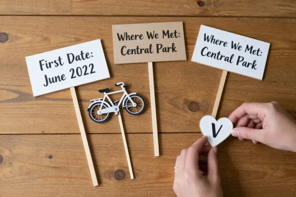 Flat lay of handmade diy personalized wedding props with inside jokes