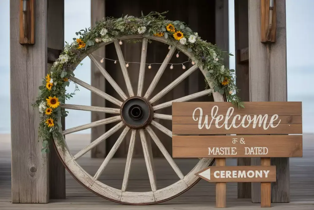 Large wagon wheel flower garland backdrop wooden welcome sign