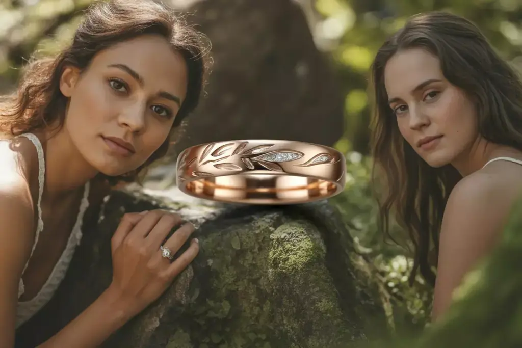 Nature inspired wedding band leaf pattern organic natural setting