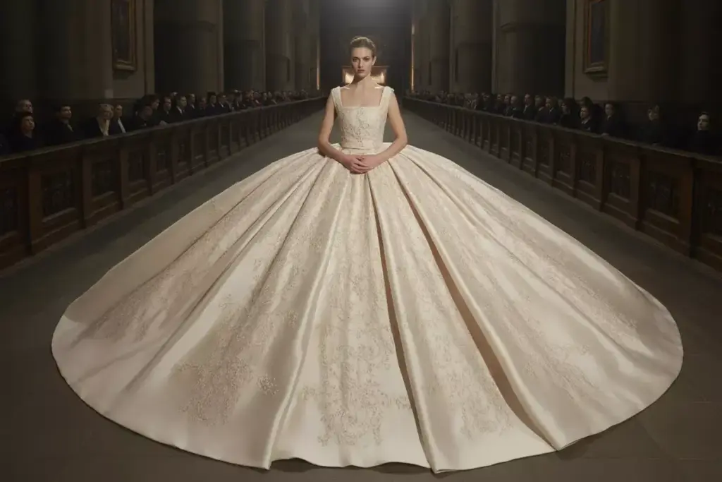 Opulent ball gown with embroidered square neckline in cathedral