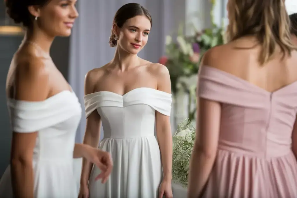 Romantic white off shoulder dress bride indoor celebration portrait