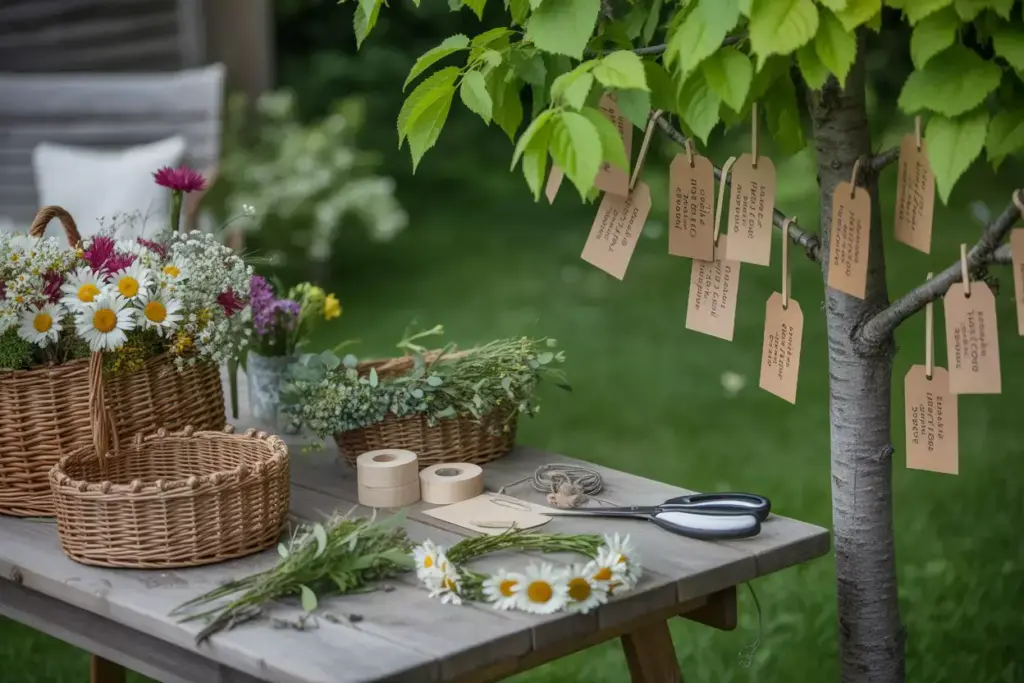 Wedding garden flower crown making station fresh blooms wishing tree