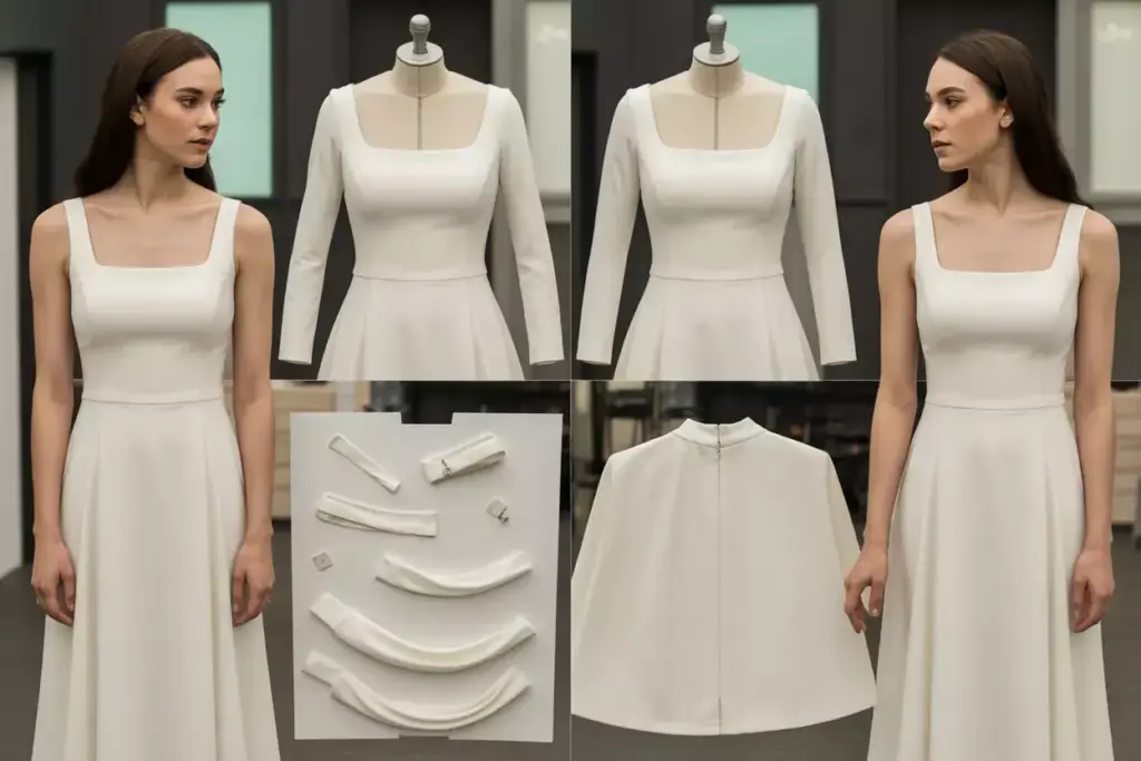 Modern convertible wedding dress with detachable sleeves and overskirt