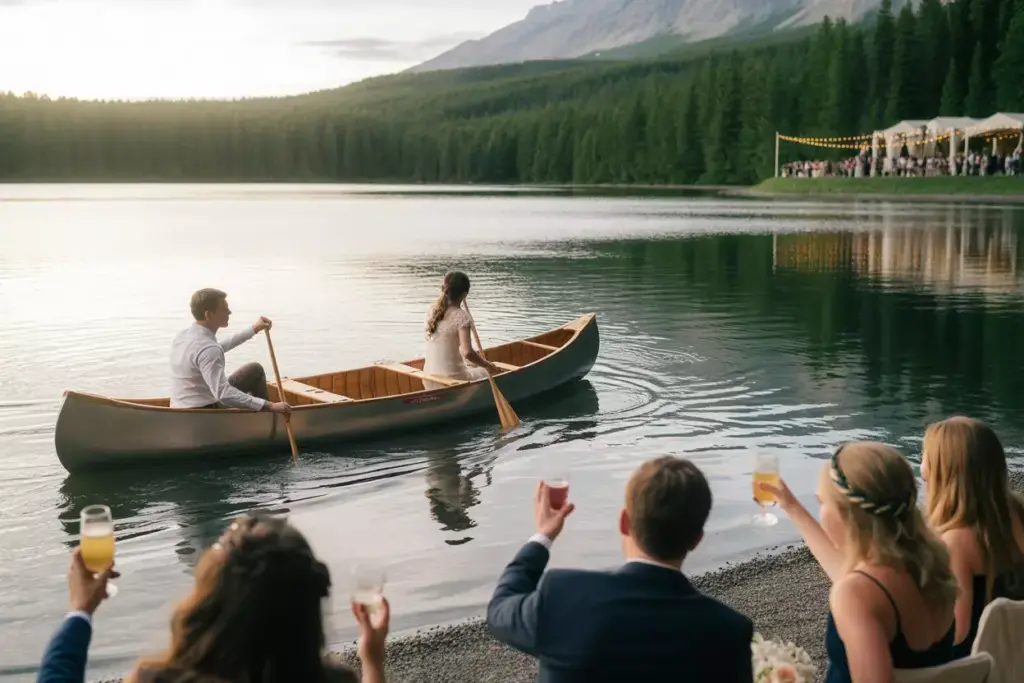 Sunset lakeside wedding guest canoe adventure golden hour reflection
