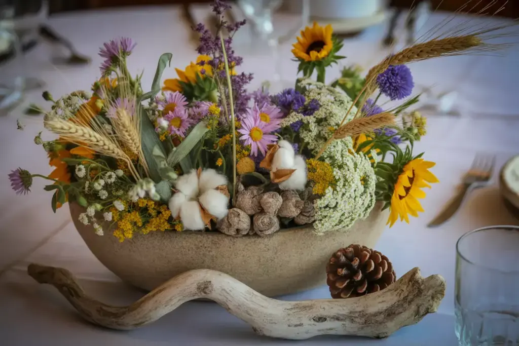 Wildflower sunflower aster wheat cotton boll centerpiece
