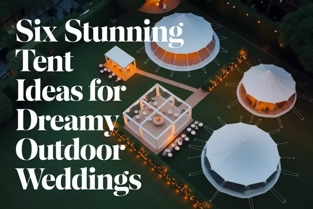Aerial view diverse elegant wedding tents at golden hour in garden