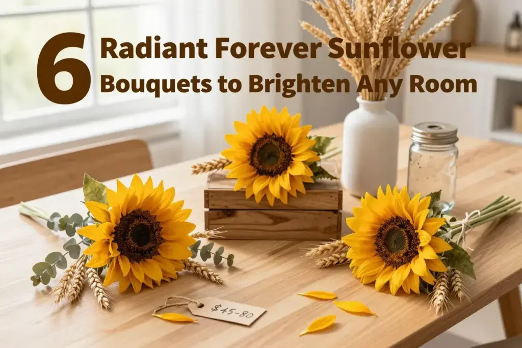 Overhead view of preserved sunflower bouquets flat lay on wooden table with natural light