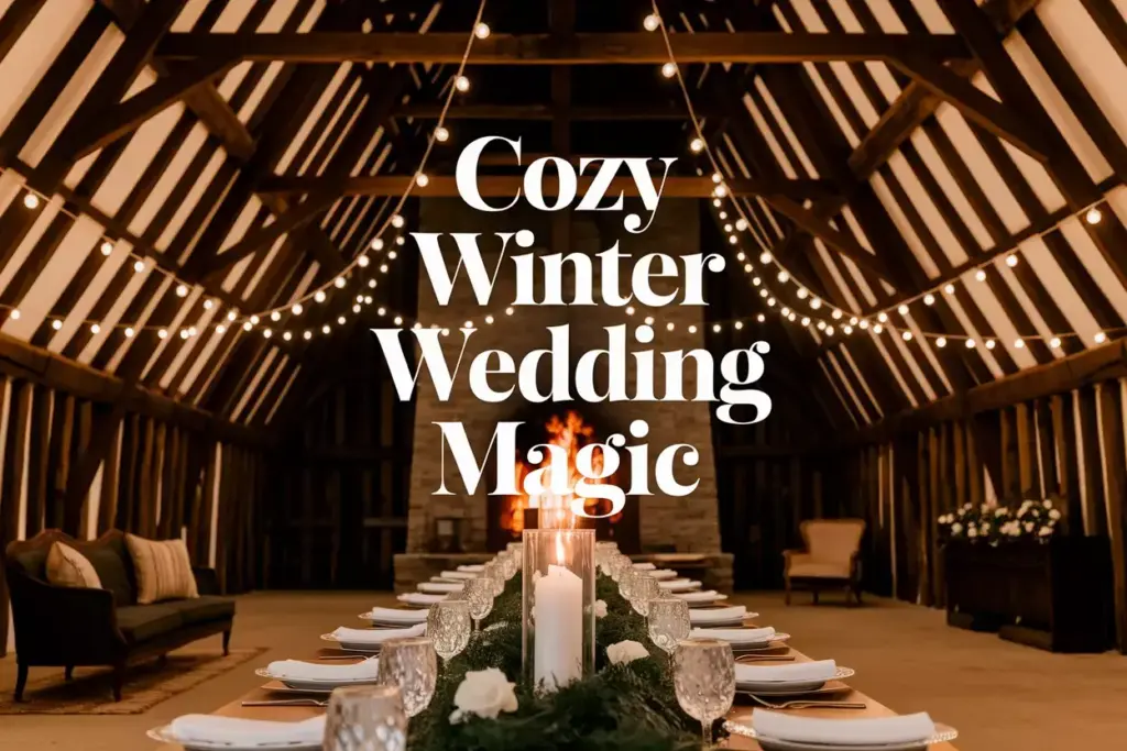 Rustic barn winter wedding reception with fireplace and string lights