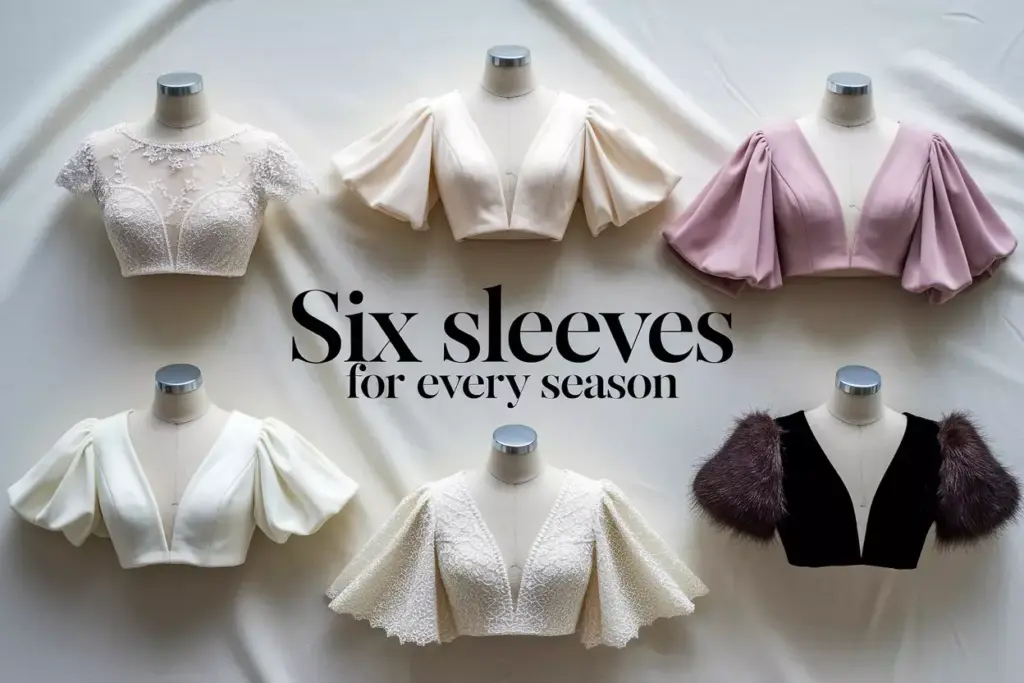 Six bridal sleeves arranged on neutral backdrop for seasonal style guide