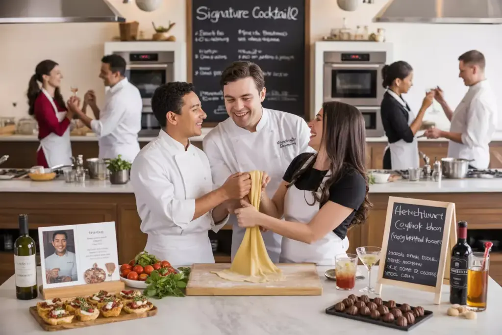 Culinary class couple guests chef cooking pasta cocktail station