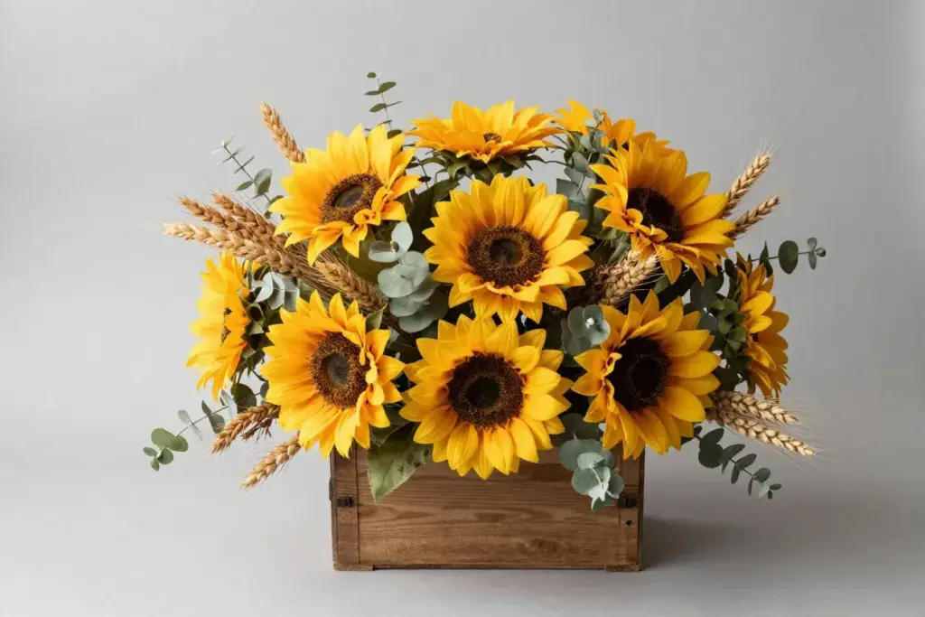 Large preserved sunflower centerpiece with wheat and eucalyptus in wooden box