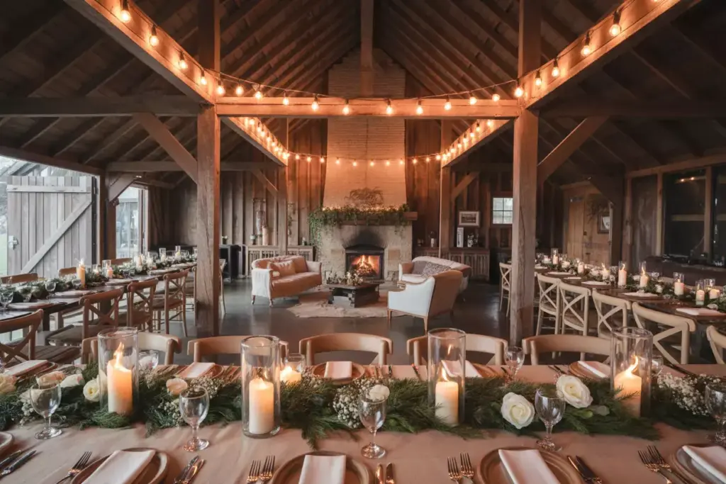 The enchanted rustic barn reception with evergreen garlands and fireplace