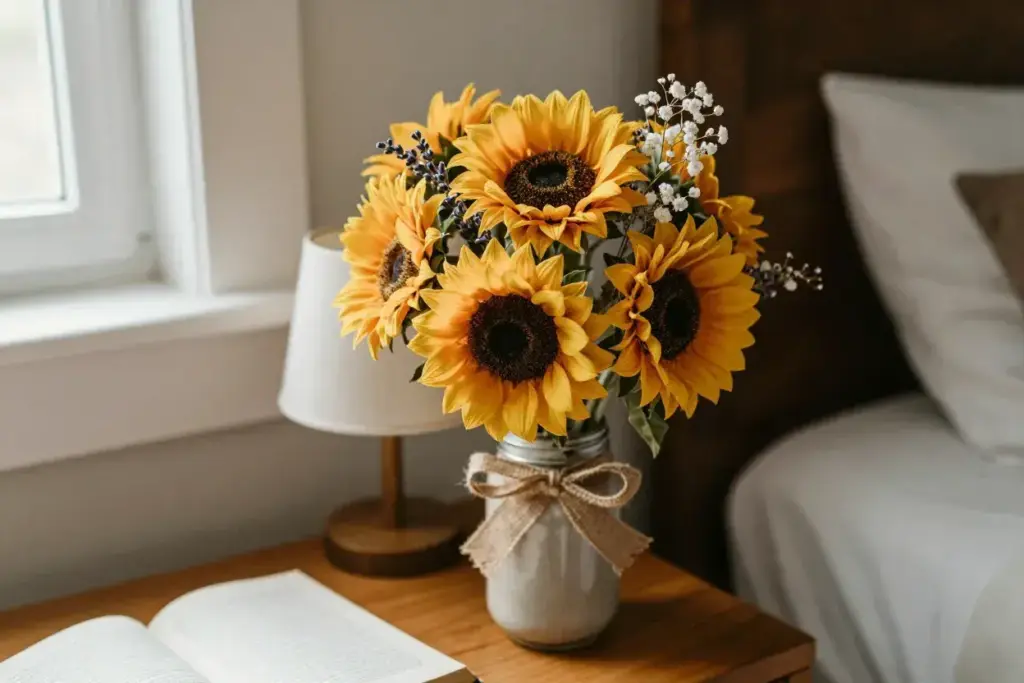 Compact sunflower bouquet in mason jar on bedside nightstand with book