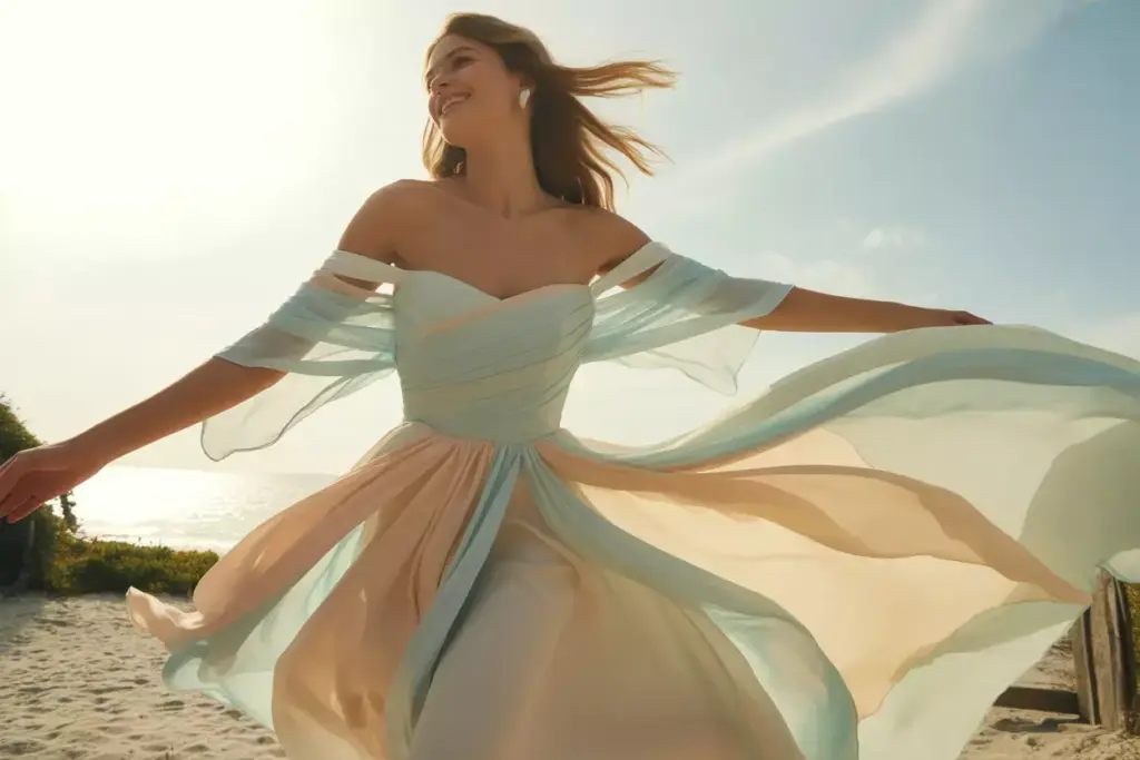 Flowing chiffon draped sleeves bride beach breeze movement