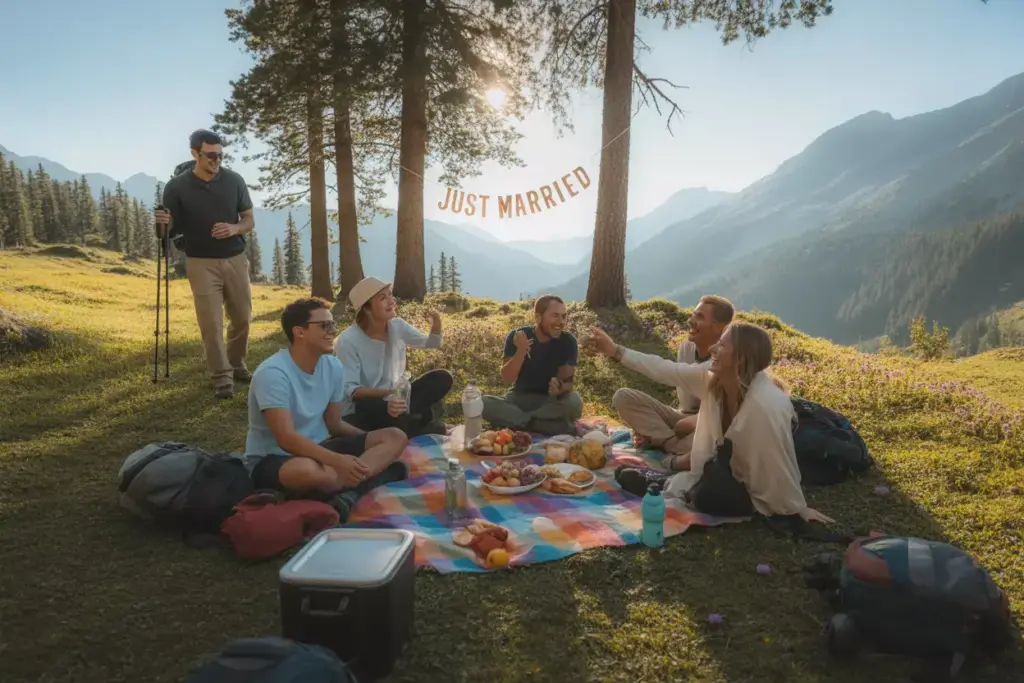 Hiking group picnic mountain meadow trail co ed celebration