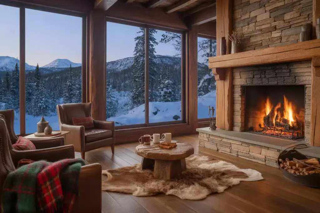 Intimate lodge style mountain reception with stone fireplace and snowy vista