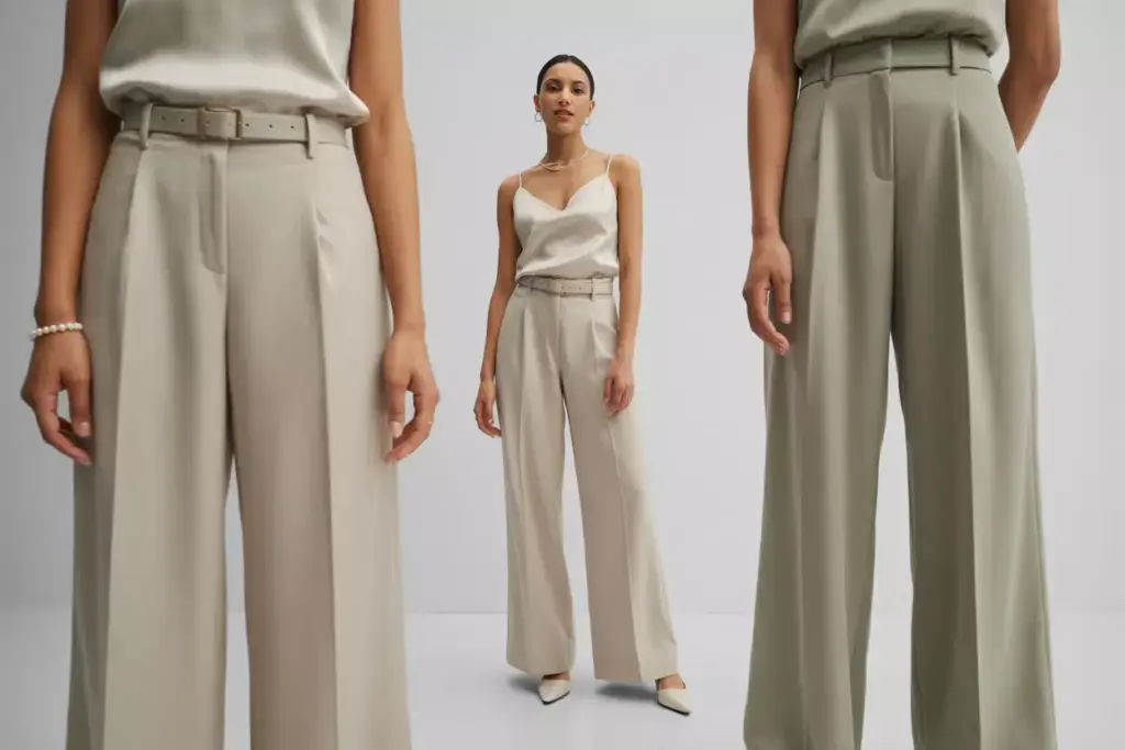 Person in cream silk camisole and sage wide leg trousers