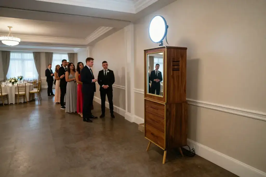 Space efficient retro mirror booth corner venue integration