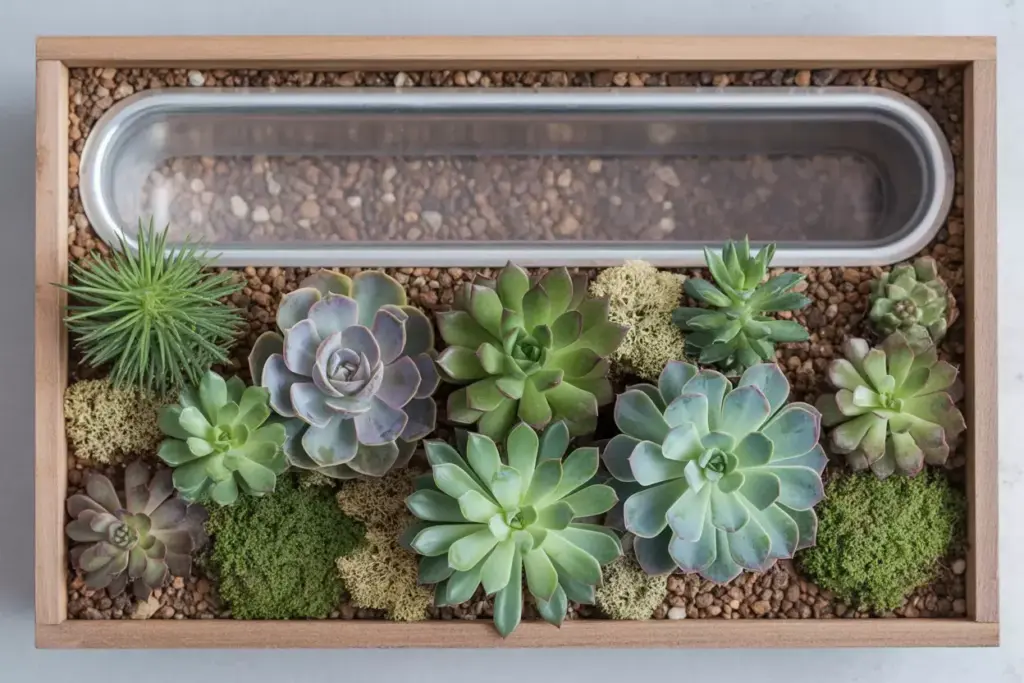Top down flat lay succulent garden in rectangular wooden planter box