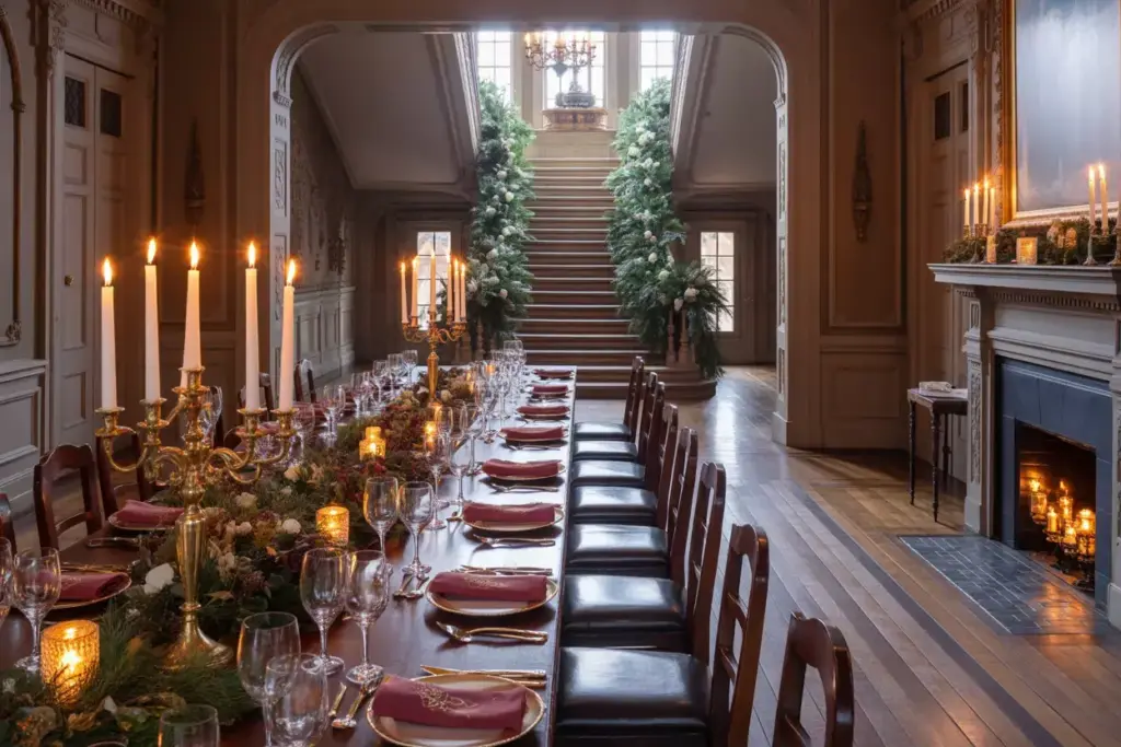 Elegant historic mansion winter soiree with grand staircase and candelabras