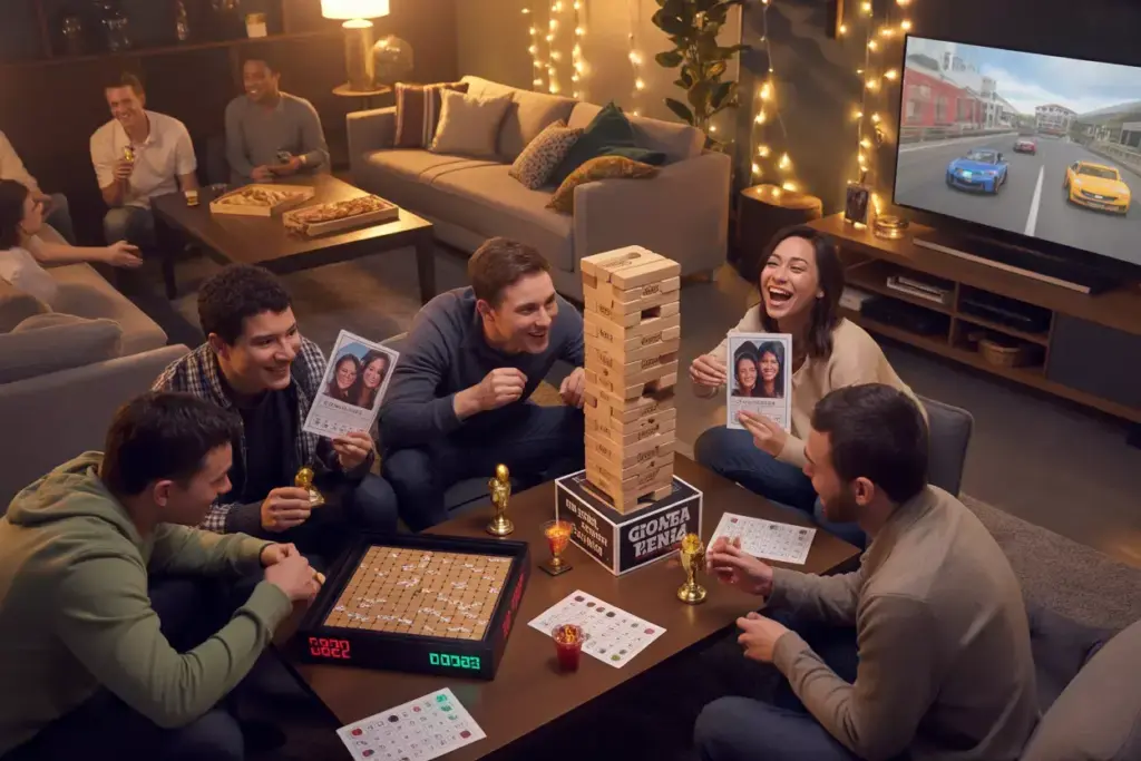 Game night lounge escape room giant jenga custom cards