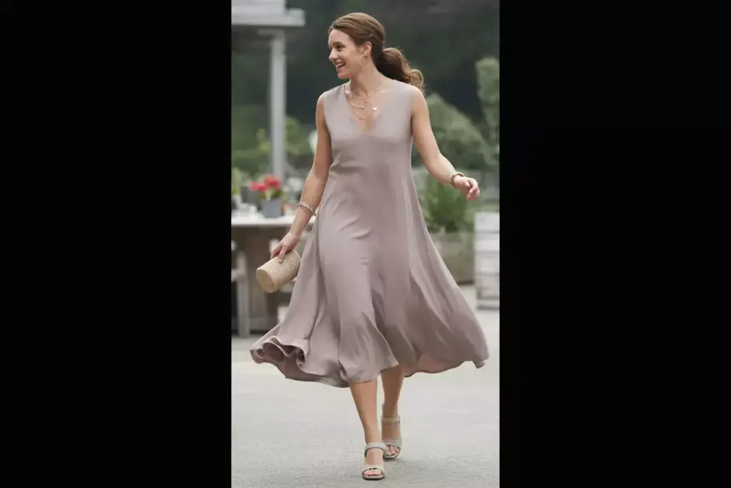 Person in flowing neutral midi dress walking in garden