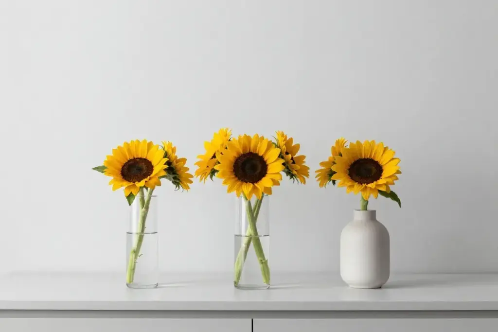 Three uniform sunflowers in sleek glass vase on minimalist gray surface