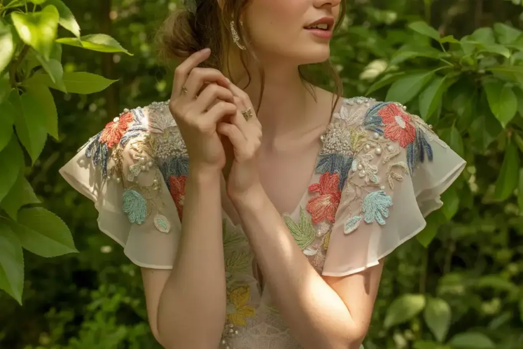 Whimsical flutter sleeves floral appliques bohemian garden bride