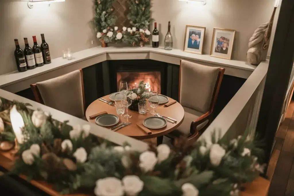 Cozy restaurant private dining experience with fireplace and personal touches