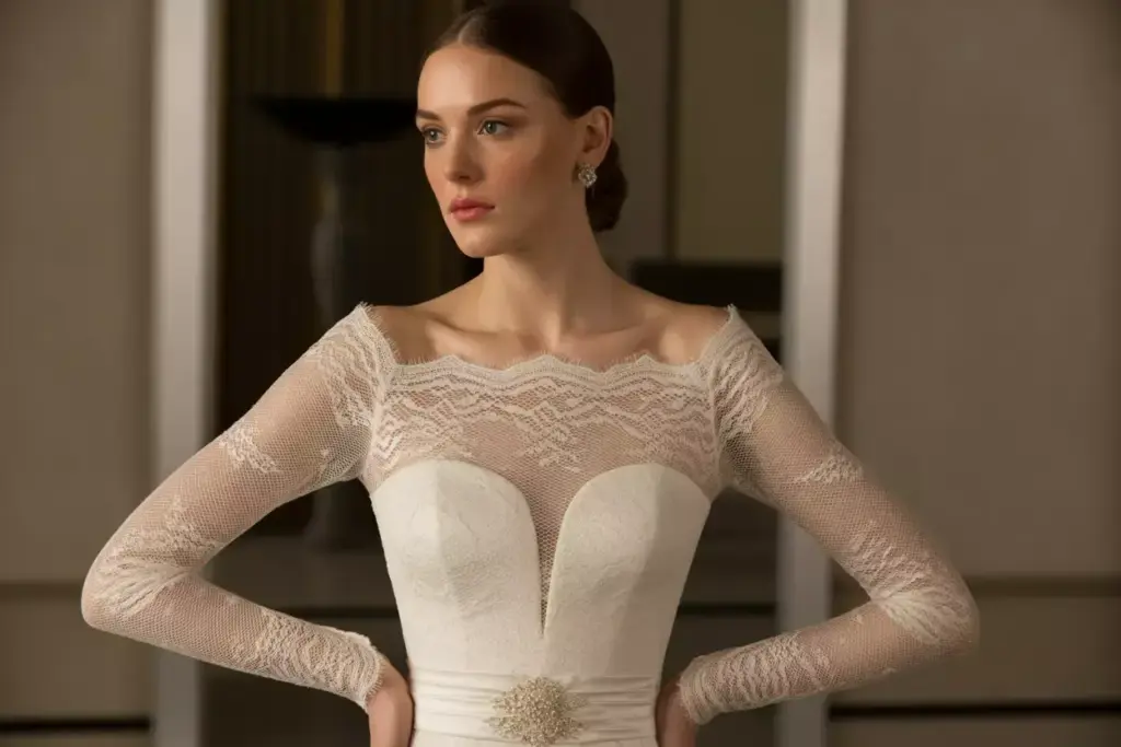 Long fitted lace illusion neckline sleeves fall winter elegance