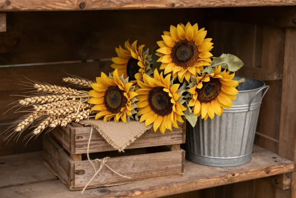 Mixed sunflowers with dried wheat in weathered wooden crate on porch