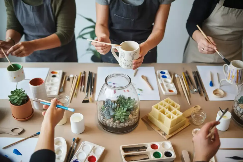 Overhead hands crafting ceramic mug candle mold terrarium workshop