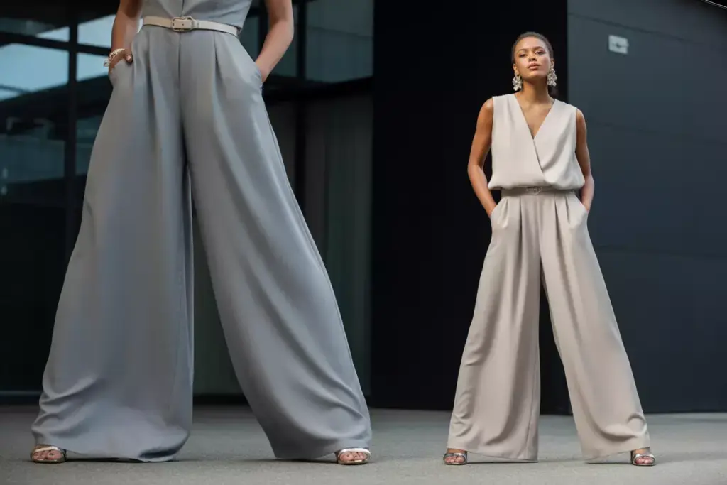 Person in wide leg silk jumpsuit at modern venue